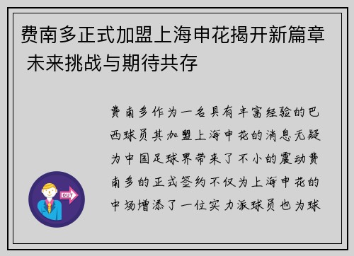 费南多正式加盟上海申花揭开新篇章 未来挑战与期待共存