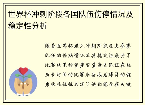 世界杯冲刺阶段各国队伍伤停情况及稳定性分析