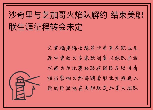 沙奇里与芝加哥火焰队解约 结束美职联生涯征程转会未定