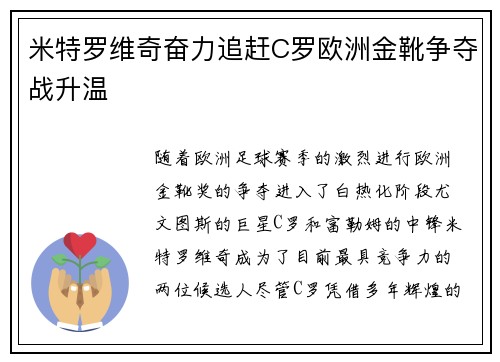 米特罗维奇奋力追赶C罗欧洲金靴争夺战升温